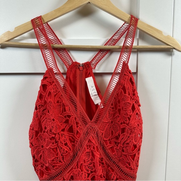 ASTR Red Orange Ladder Detail Crochet Lace Lined Sleeveless Mini Dress Womens XS - Picture 6 of 16